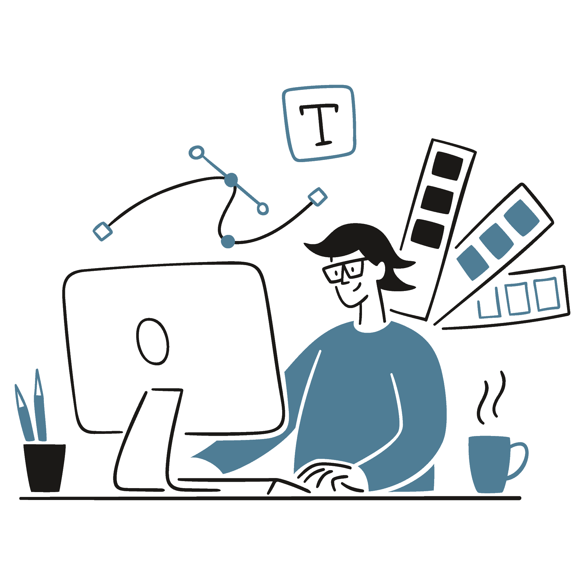 Een illustratie van een persoon die op een computer werkt.