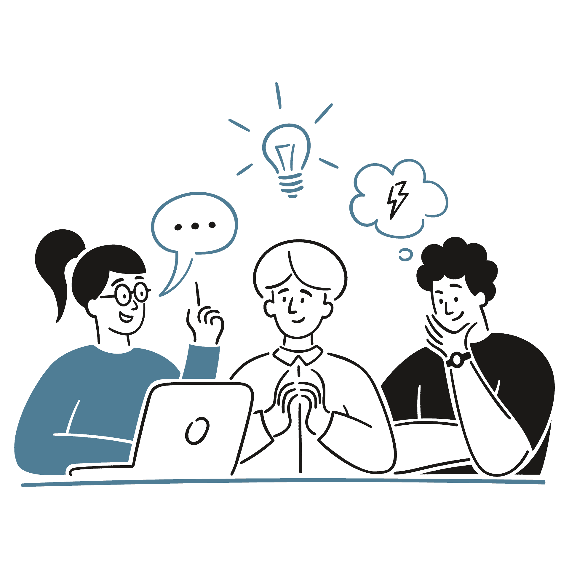 Een groep mensen zit aan een tafel met een laptop voor zich.