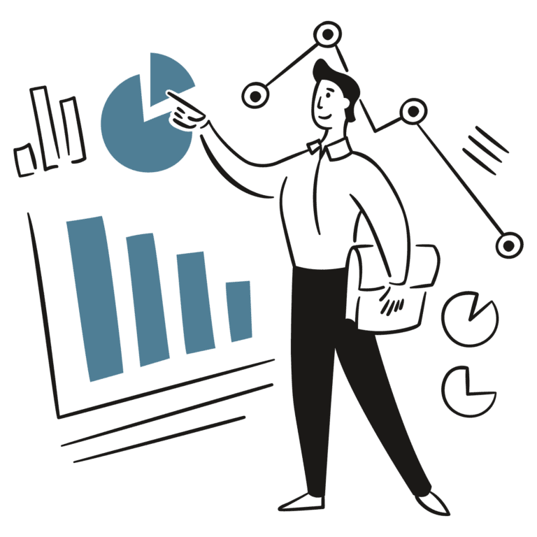 An infographic with a businessman pointing at a graph.