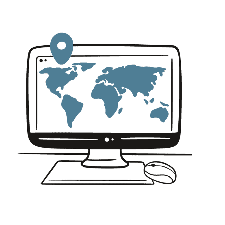 Een computermonitor die cartografie weergeeft met een speldmarkering.