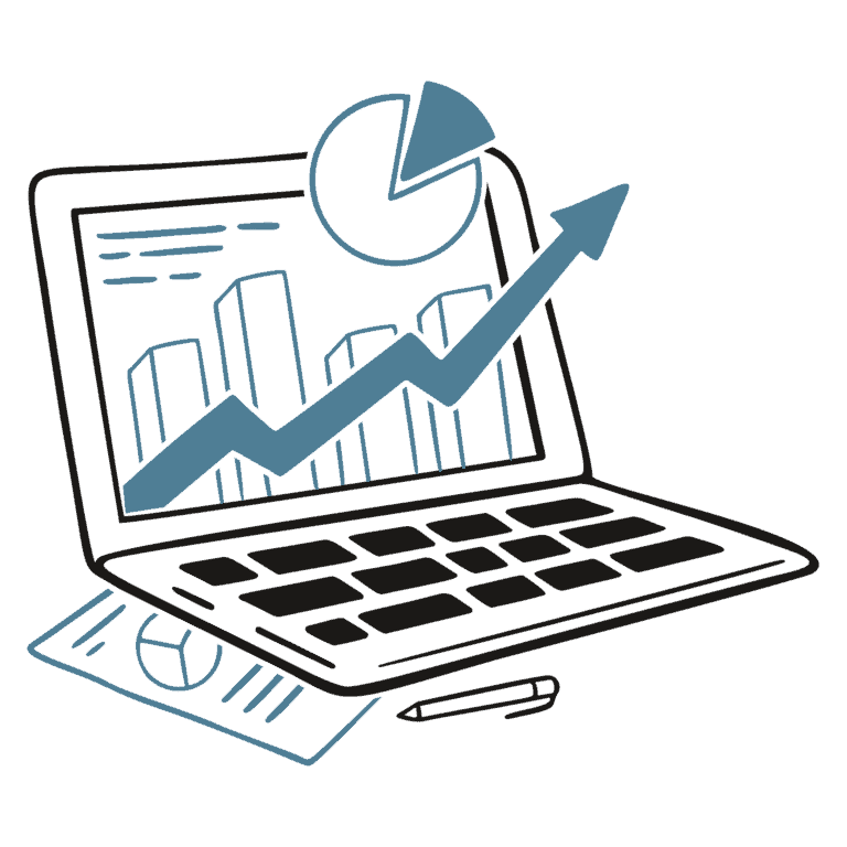 An infographics of a laptop with a graph on it.