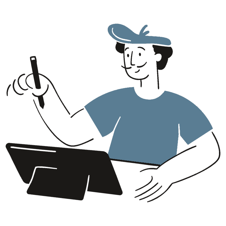 An illustrative cartoon of a man wearing a hat and carrying a laptop.