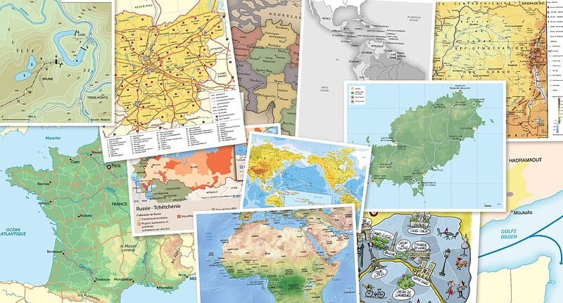 A collection of map types from different countries.