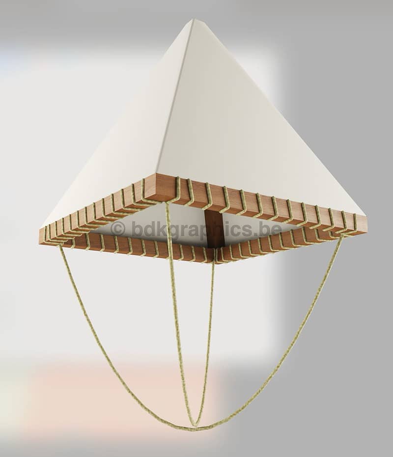 Een piramidelamp waar een touw aan hangt.
