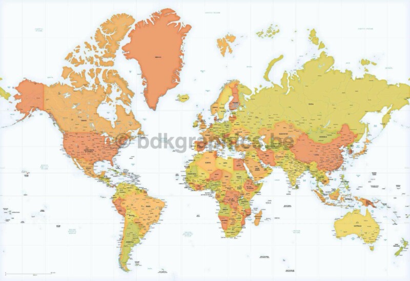 Een kaart van de wereld in oranje en geel.