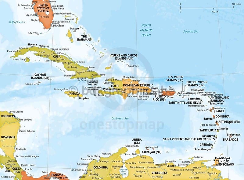 Een kaart van het Caribisch gebied.