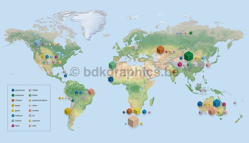 Een kaart van de wereld met verschillende gekleurde stippen.
