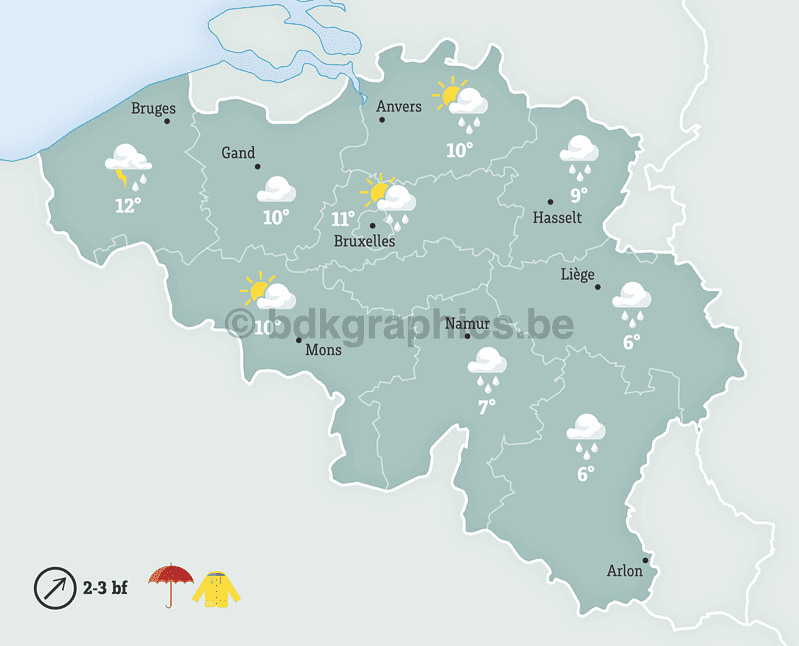 Een kaart met het weer in België.