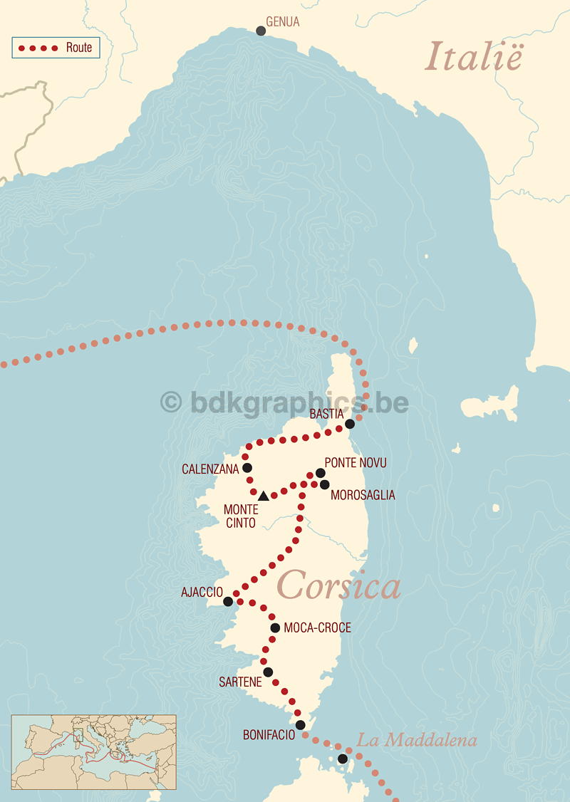 Een kaart met de route van de Corsica-route.