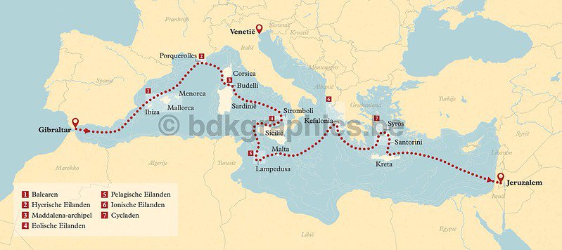 Een kaart met de route van de cruise door de Middellandse Zee.