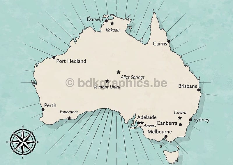 Een kaart van Australië met de grote steden erop.