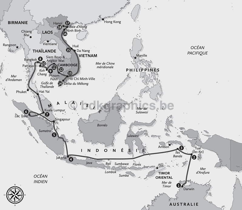 Een kaart met de route van een reis naar Azië.