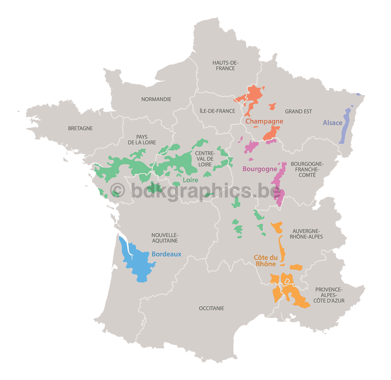 Een kaart van Frankrijk met de wijngebieden.