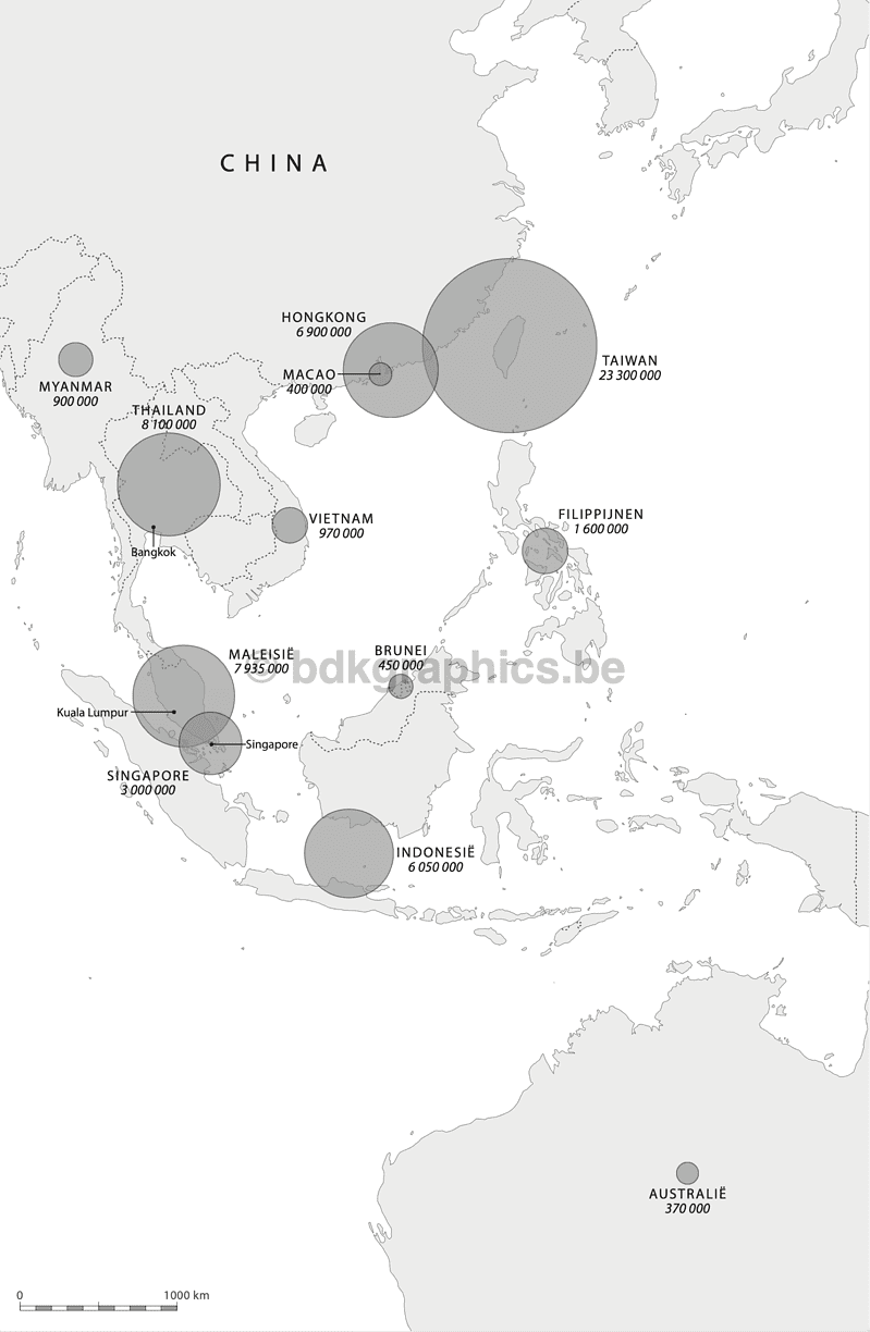 Een kaart met de locaties van de grote steden in Azië.