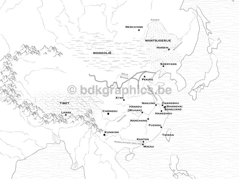 Een kaart van het Chinese rijk in zwart-wit.