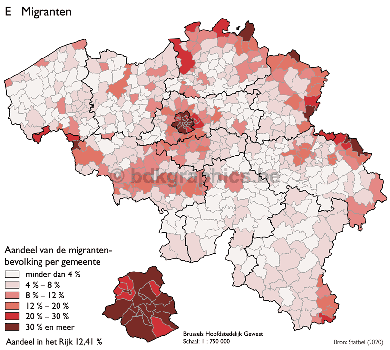 Een kaart die het aantal migranten in België weergeeft.
