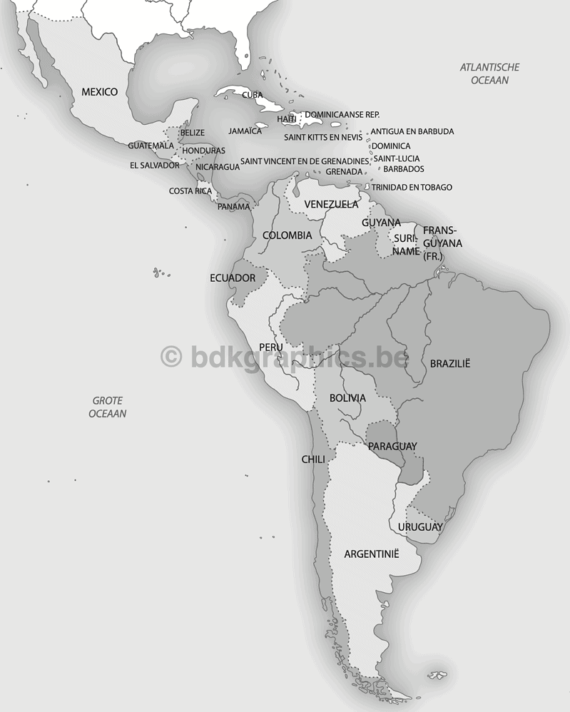 Een kaart van Latijns-Amerika in zwart-wit.