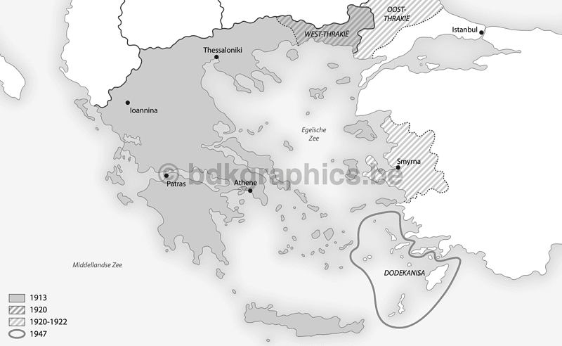Een kaart van Griekenland in zwart-wit.
