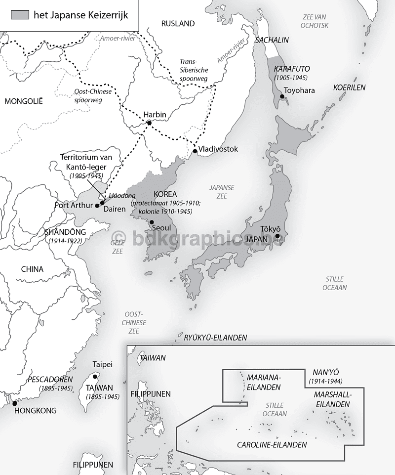 Een kaart van Japan met de locaties van de Japanse oorlog.