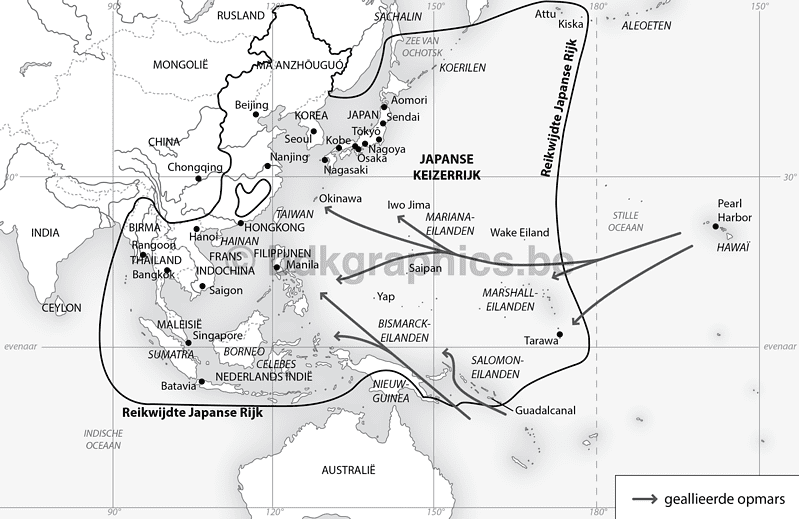 Een kaart met de locaties van de Chinese en Japanse oorlogen.
