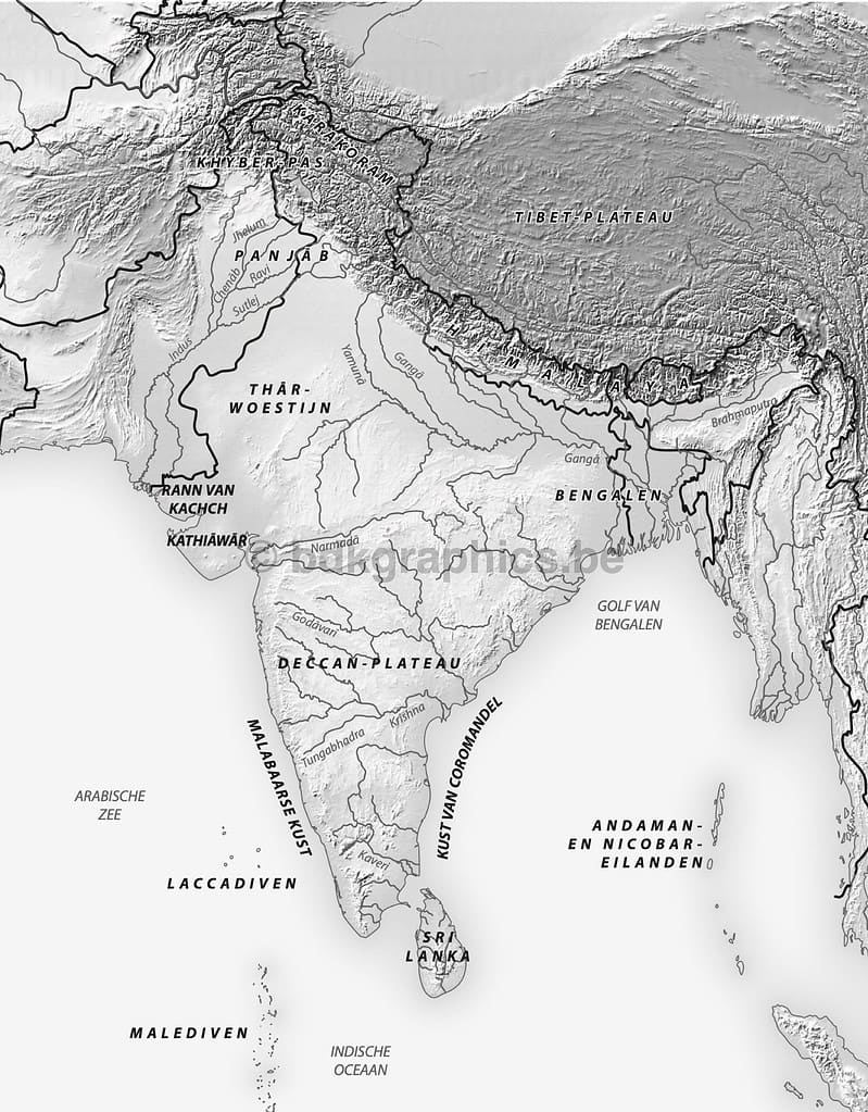Een kaart van India in zwart-wit.