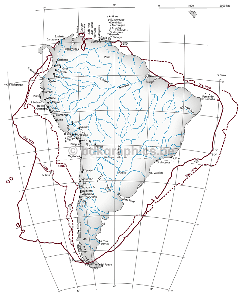 Een kaart van Zuid-Amerika met rivieren en rivieren.