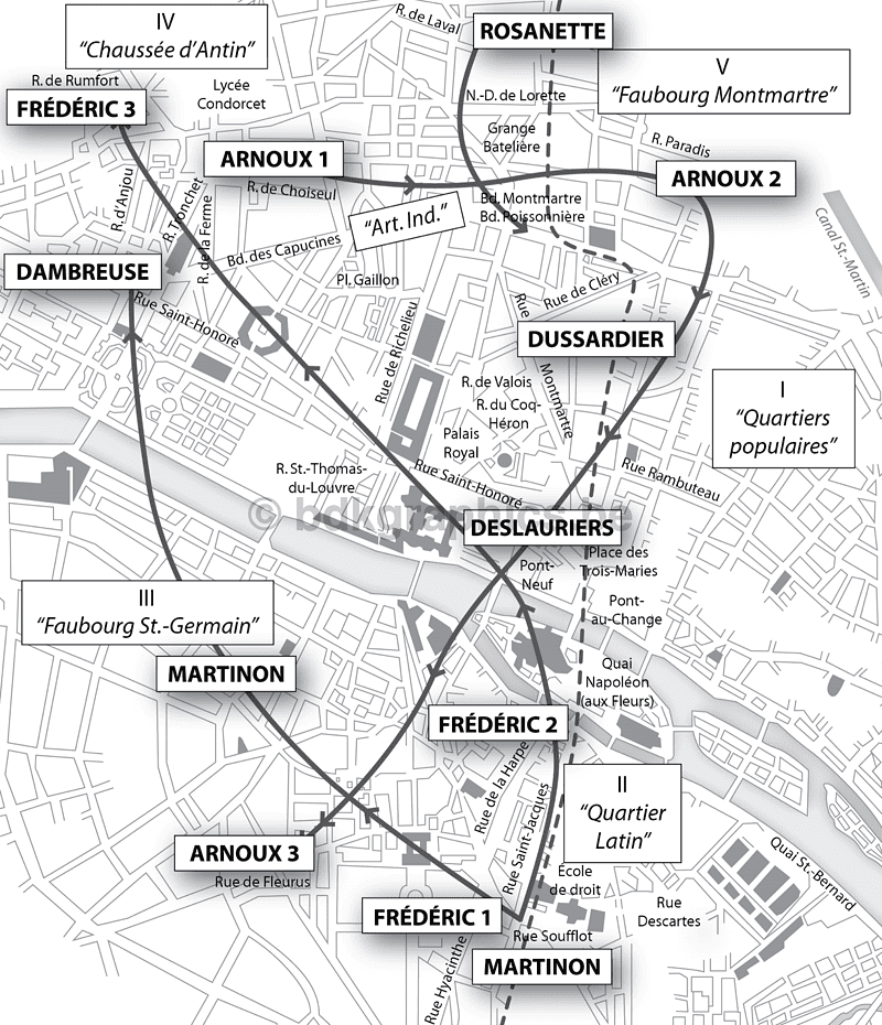 Een kaart met de route van een trein in Parijs.