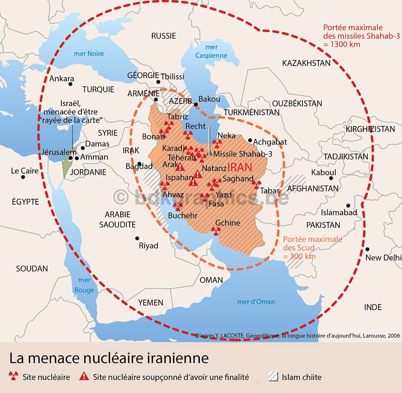 Een kaart met de locatie van Iran en Irak.