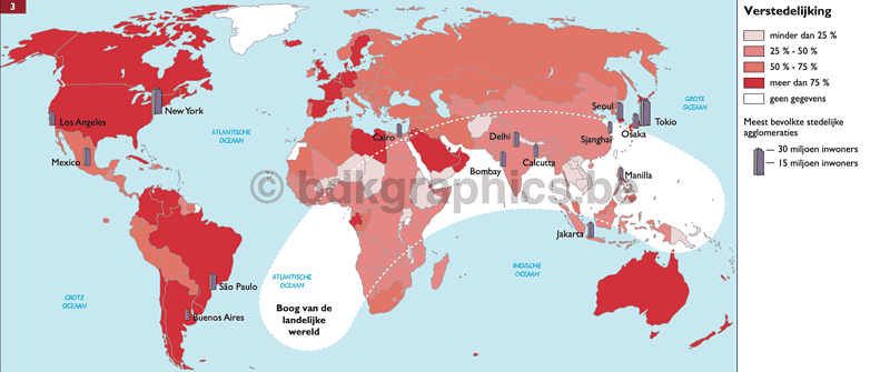 Een kaart van de wereld met verschillende gekleurde landen/regio's.