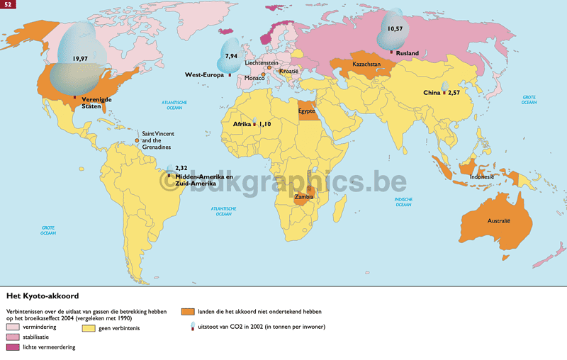 Een kaart van de wereld met verschillende gekleurde landen/regio's.