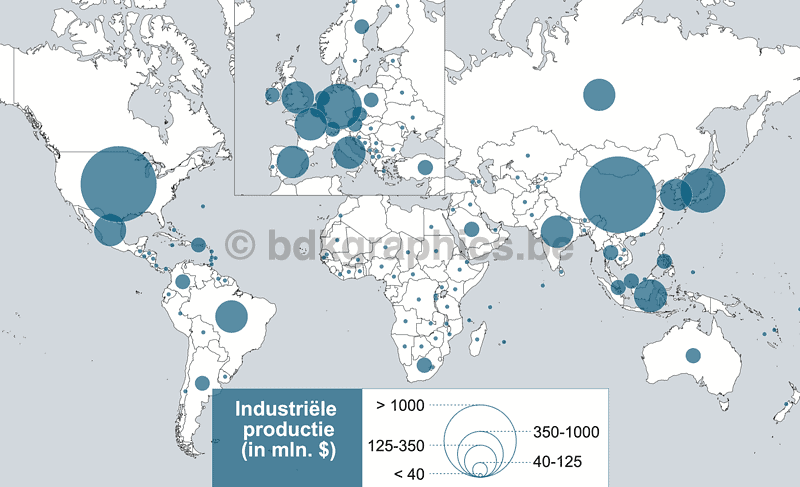 Een wereldkaart met blauwe stippen erop.