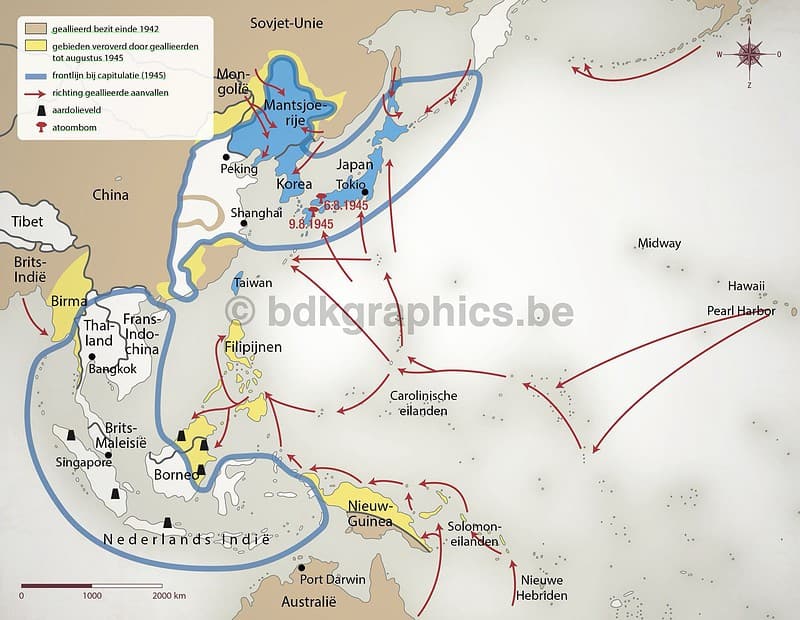 Een kaart met de locaties van de Chinese en Japanse oorlogen.