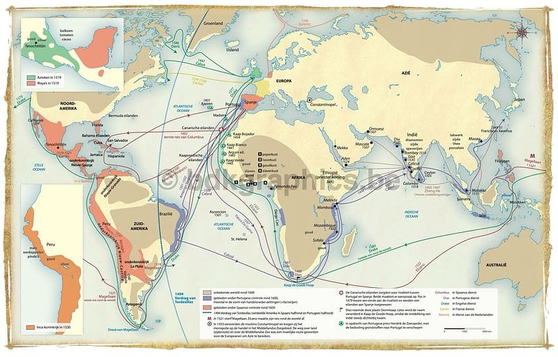 Een kaart met de routes van de verovering van Amerika.