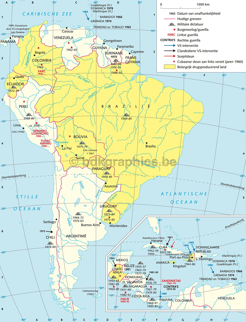 Een kaart van Zuid-Amerika met grote steden.