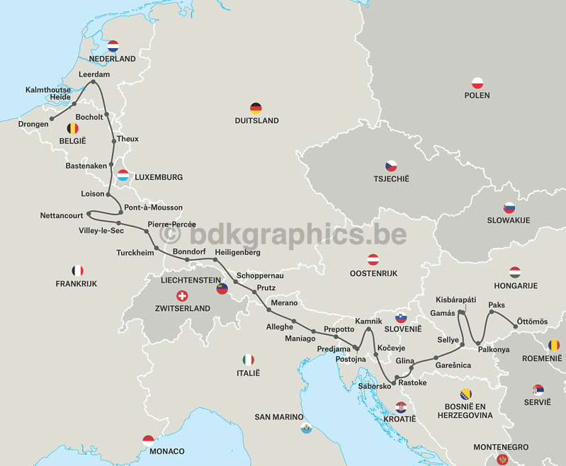 Een kaart met de route van de Europa-tour.