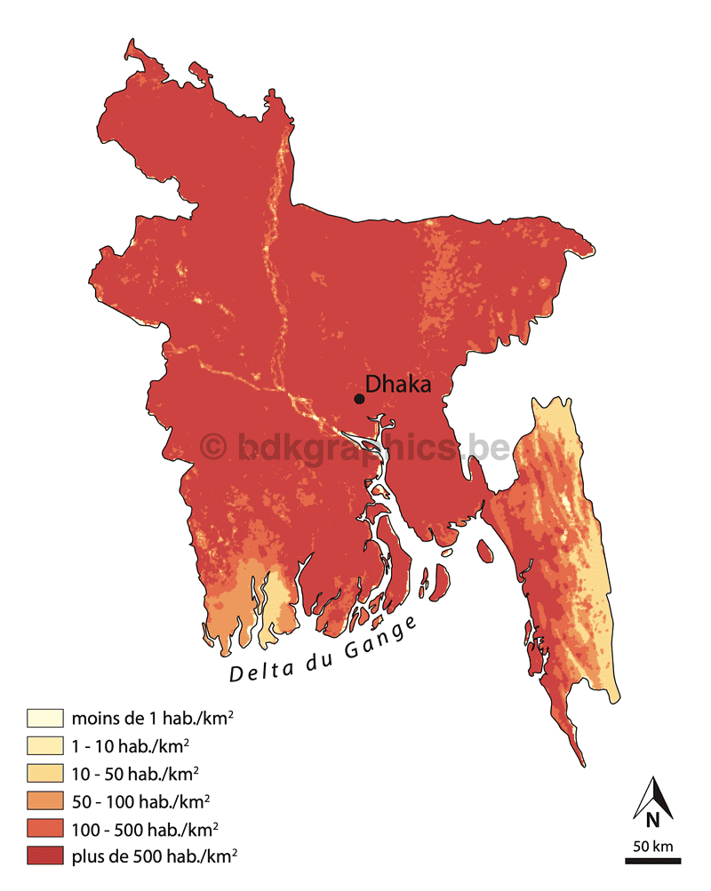 Een kaart van Bangladesh met de hoogste en laagste temperaturen.