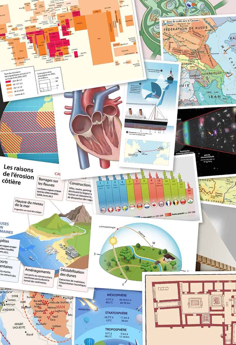 Een collage van landkaarten, schema's, infographics en meer.