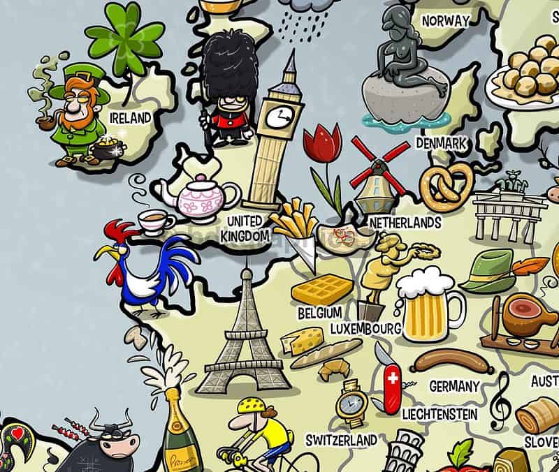 Een cartoonkaart van Europa met stripfiguren.
