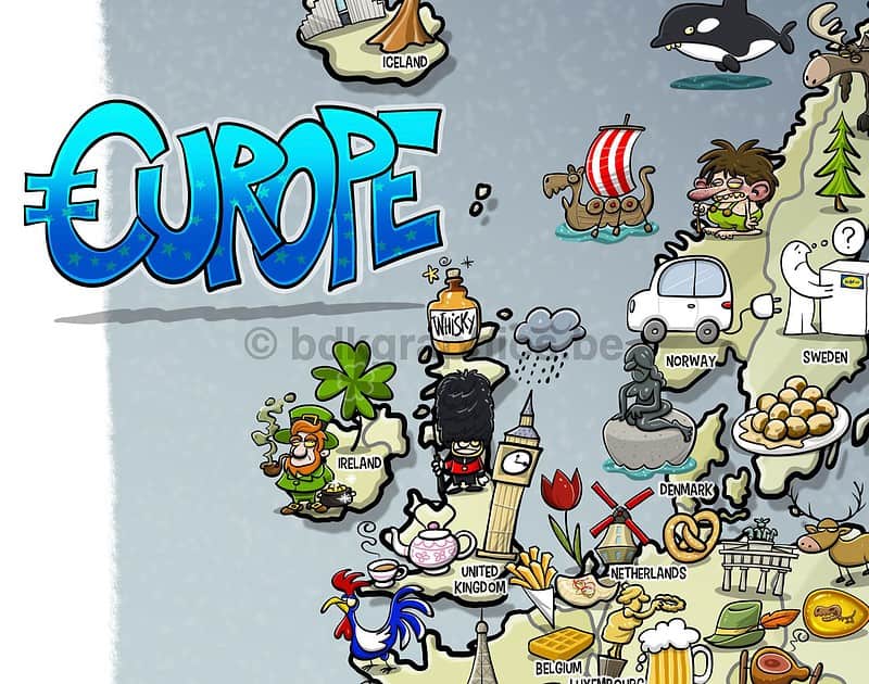 Een cartoonkaart van Europa met stripfiguren.