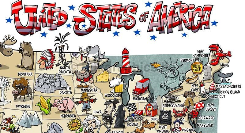 Een cartoonkaart van de Verenigde Staten van Amerika.