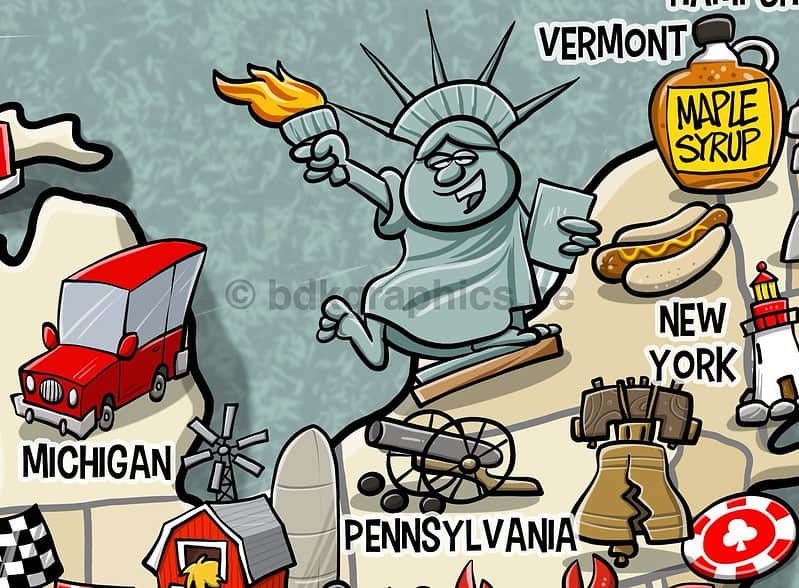 Een cartoonkaart van New England met een vrijheidsbeeld.
