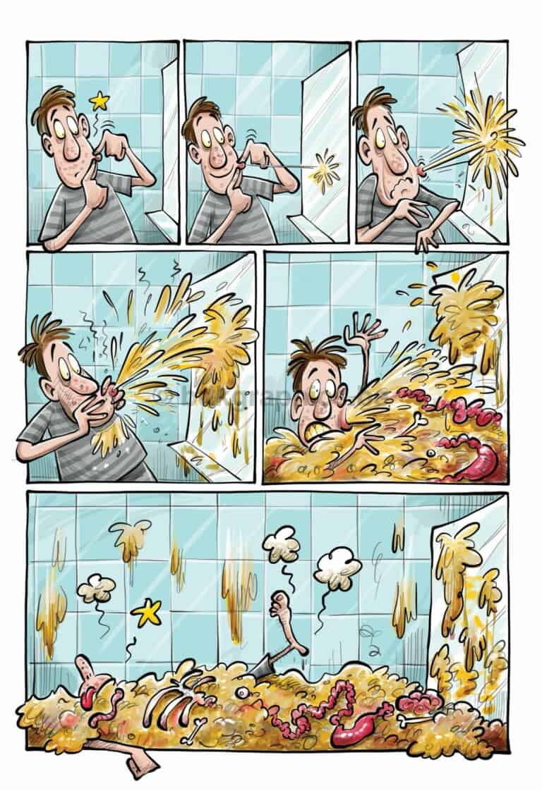 A comic strip in which a man cleans the bathroom.