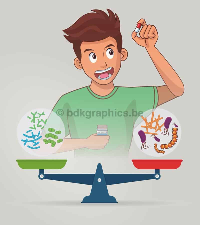 Een jongen balanceert een weegschaal met bacteriën en een virus.