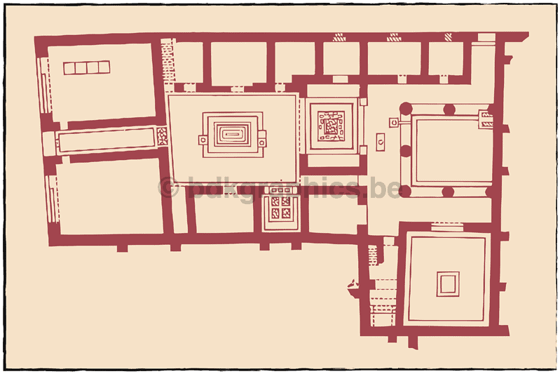 Een plattegrond van een oud gebouw.